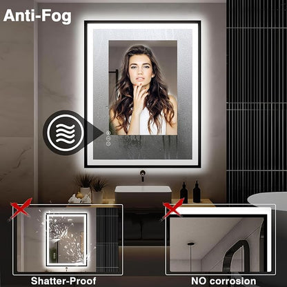 EchosLife 30x36 LED Bathroom Mirror with Lights - Black Framed | Black Frame, Front and Backlit, Anti-Fog, Stepless Dimmable, 3 Colors, Memory, Tempered Glass, UL Listed, Horizontal/Vertical