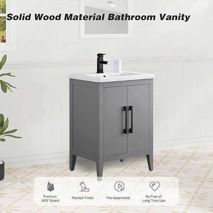 HomeBeyond 24 Inch Bathroom Vanity with Sink & Ceramic Top, Single Vanity Cabinet with Basin, Soft-Closing Doors & Matte Black Hardware, Grey