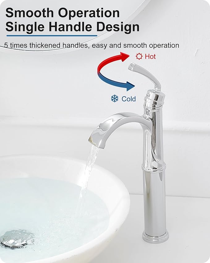 Tall Waterfall Bathroom Faucet Chrome, Single Handle Brass Vessel Faucet, Tall Faucet for Bathroom Sink, Bathroom Vanity Faucets 1 Hole with Pop up Drain Water Lines