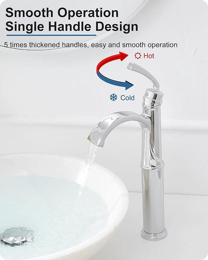 Tall Waterfall Bathroom Faucet Chrome, Single Handle Brass Vessel Faucet, Tall Faucet for Bathroom Sink, Bathroom Vanity Faucets 1 Hole with Pop up Drain Water Lines