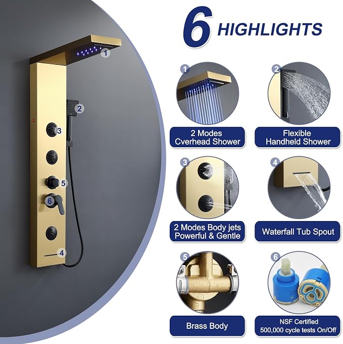 ROVATE 6 in 1 LED Rainfall Waterfall Shower Panel Tower System Brushed Gold | Stainless Steel Shower Column with 2-Setting Body Jets, Waterfall Tub Spout and Flexible Handheld, Water Flow Adjustable