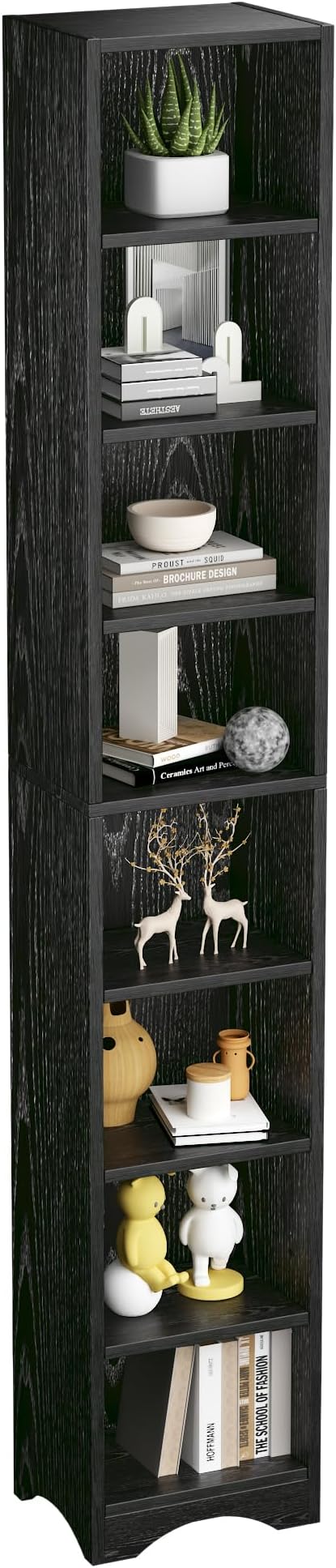 VECELO Tall Open Narrow Bookshelf, 6 Adjustable Movable Shelves, Wood Space Saving Corner Storage Rack for Small Spaces, Sleek Black