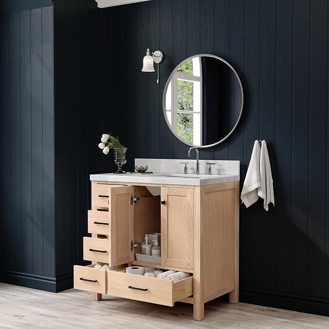 ARIEL Cambridge 36-inch Bathroom Vanity with Sink,Solid Wood, 1.5-inch Carrara White Quartz Countertop, Single Rectangular Porcelain Sink, 2 Soft Closing Doors, 5 Dovetail Drawers, White Oak