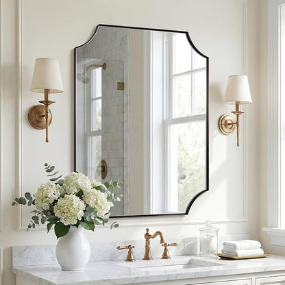 28"x36" Bathroom Mirror, Brushed Bronze Scalloped Mirror for Bathroom, Antique Rectangle Mirror with Scalloped Corners, Hangs Vertically or Horizontally