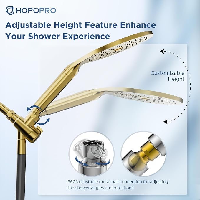 Dual Filtered Handheld Shower Heads Combo, HOPOPRO 15-Mode High Pressure Rainfall Showerheads Combo Set with Filter, for Hard Water, Removes Chlorine, Improves Skin Hair Condition, Modern Gold