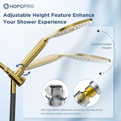 Dual Filtered Handheld Shower Heads Combo, HOPOPRO 15-Mode High Pressure Rainfall Showerheads Combo Set with Filter, for Hard Water, Removes Chlorine, Improves Skin Hair Condition, Modern Gold