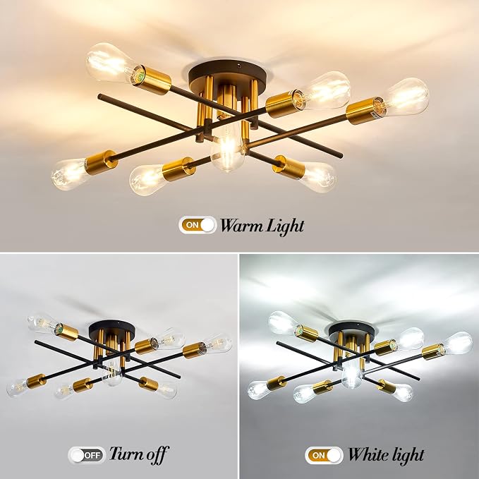 UOFUS 7-Light Semi Flush Mount Ceiling Light Fixture Matte with E26 Base Modern Black and Gold Chandelier Mid Century Modern Ceiling Lamp for Farmhouse Kitchen Dining Room Bedroom Living Room Bathroom