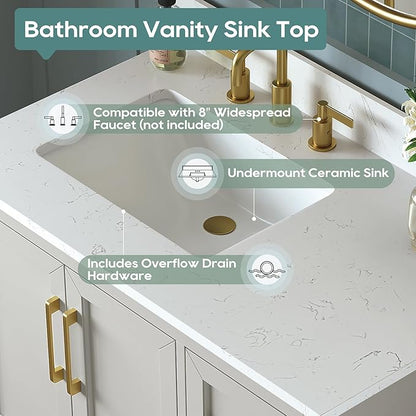 36 Inch Bathroom Vanity with Sink Combo, Solid Wood Frame with Mable Top &Backspalsh, Fully-Assembled with Soft-Closing Doors & 4 Drawers, Greige