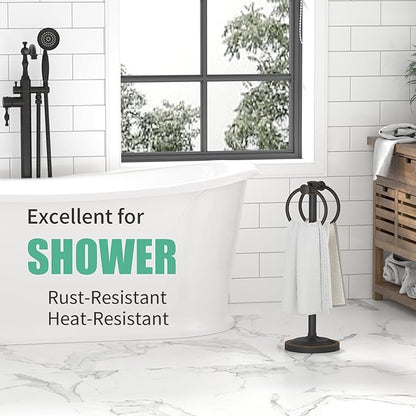 Hoimpro 17 Inch Oil Rubbed Bronze Stainless Steel Free Standing Towel Rack Bar, Double Stand Towel Ring Hand Towel Holder Hanger, Towel Hardware for Bathroom Vanity Kitchen Countertops