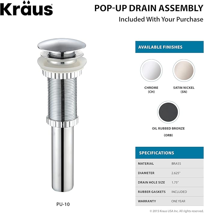Kraus KCV-141-CH White Round Ceramic Sink with Pop Up Drain, Chrome