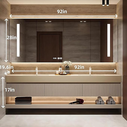 Modern Floating Bathroom Vanity with Double Sinks, Intelligent Defogging and Led Light, 92in Wood Bathroom Vanities, Wall-Mounted Storage Cabinet