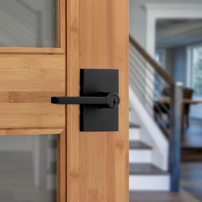 Kwikset Halifax Entry Door Handle with Lock and Key, Secure Keyed Reversible Lever Exterior, for Front Entrance and Bedrooms, Matte Black, Pick Resistant Smartkey Rekey Security and Microban