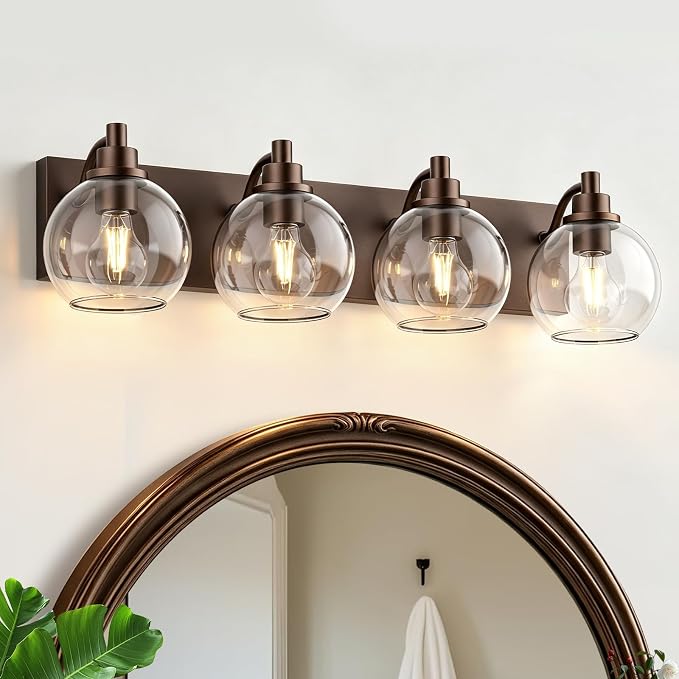 IZORRO Bathroom Light Fixtures, 4-Light Oil Rubbed Bronze Vanity Light, Modern Wall Sconces with Globe Clear Glass Shade, Vanity Lighting Fixtures Over Mirror,E26 Bulb Socket
