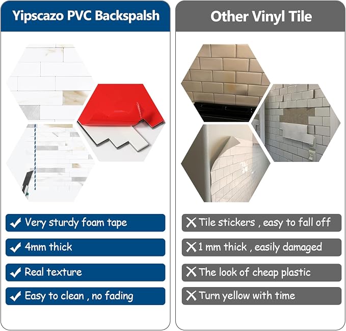 Yipscazo 5 Sheets Peel and Stick Stone Metal Tile Backsplash, Stick on Tiles for Backsplash Kitchen, Bathroom, Laundry Room, Camper, Fireplace (12'' X 12'', Polished Marble)
