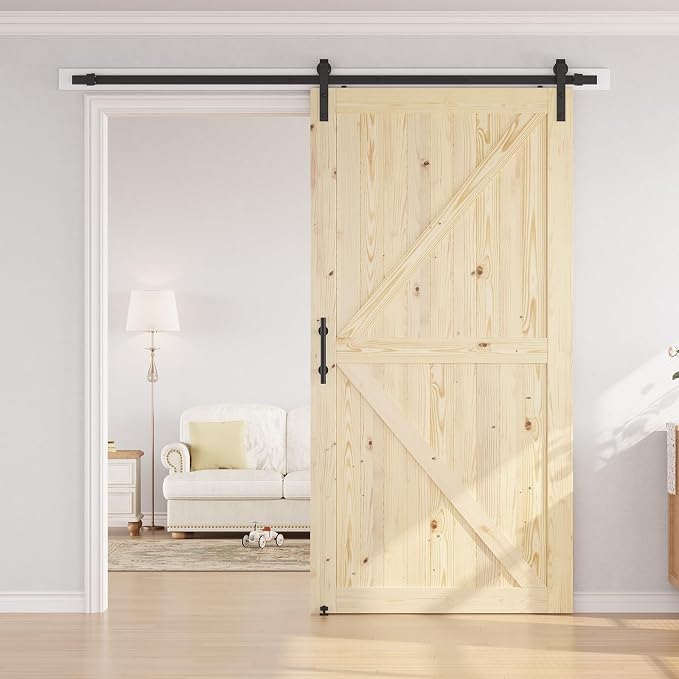 SMARTSTANDARD 48in x 96in Sliding Barn Door with 8ft Hardware Kit Included | Fit Opening up to 44in x 94in, Unfinished Solid Spruce Wood Door, Assembly Required, DIY, Stainable, Natural