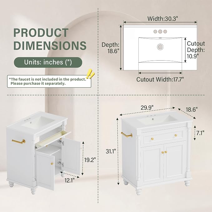 YESHOMY 30" Bathroom Vanity with Sink, Bathroom Storage Cabinet | Bathroom Vanity, Solid Wood, Integrated Ceramic Basin, 1 Flip-Down Drawer, 2 Doors & Adjustable Shelf, Milk White