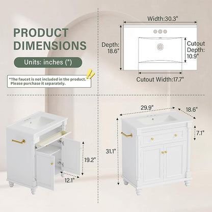 YESHOMY 30" Bathroom Vanity with Sink, Bathroom Storage Cabinet | Bathroom Vanity, Solid Wood, Integrated Ceramic Basin, 1 Flip-Down Drawer, 2 Doors & Adjustable Shelf, Milk White