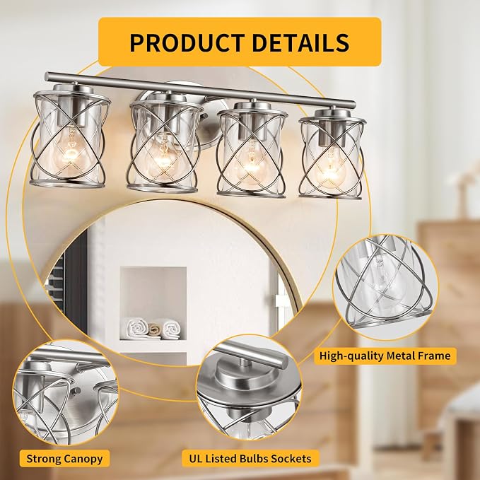 4-Lights Bathroom Vanity Lights, Bathroom Light Fixtures Over Mirror, Brushed Nickel Vanity Light, Farmhouse Wall Lights with Clear Glass Shade, Bathroom Wall Lamp for Mirror Kitchen Bedroom