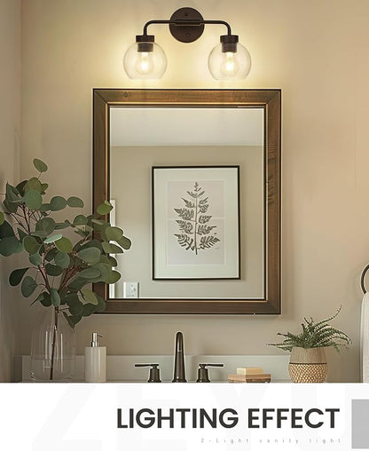 zeyu 2-Light Bathroom Vanity Lights Over Mirror, Farmhouse Globe Bathroom Light Fixtures with Clear Glass Shade, Oil Rubbed Bronze Finish, ZS62BG-2W ORB