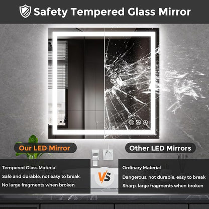 Koonmi 30x30 LED Bathroom Mirror with Light, Anti-Fog, 3 Colors | Backlit + Front Lit, Dimmable Brightness, Shatterproof HD Distortion-Free Tempered Glass, Hardware Included