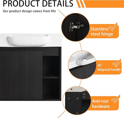 24" Wall-Mounted Bathroom Vanity with Ceramic Sink, 24 inch Floating Single Sink Vanity Cabinet Modern Brown 1-Door Design with Storage Shelf (Space-Saving for Small Bathrooms), Black