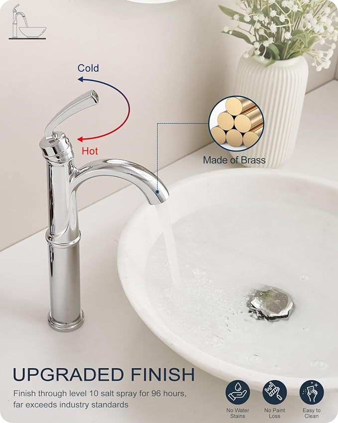 Brass Vessel Faucet 1 Hole, Chrome Tall Bathroom Faucets for Vessel Sinks with 1 Handle, Pop Up Drain, cUPC Water Supply Line & Arched Spout Aerator for Countertop Sink, 5 Mins Quick Install