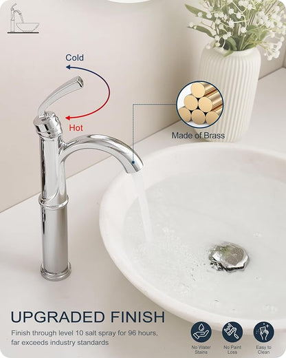 Brass Vessel Faucet 1 Hole, Chrome Tall Bathroom Faucets for Vessel Sinks with 1 Handle, Pop Up Drain, cUPC Water Supply Line & Arched Spout Aerator for Countertop Sink, 5 Mins Quick Install