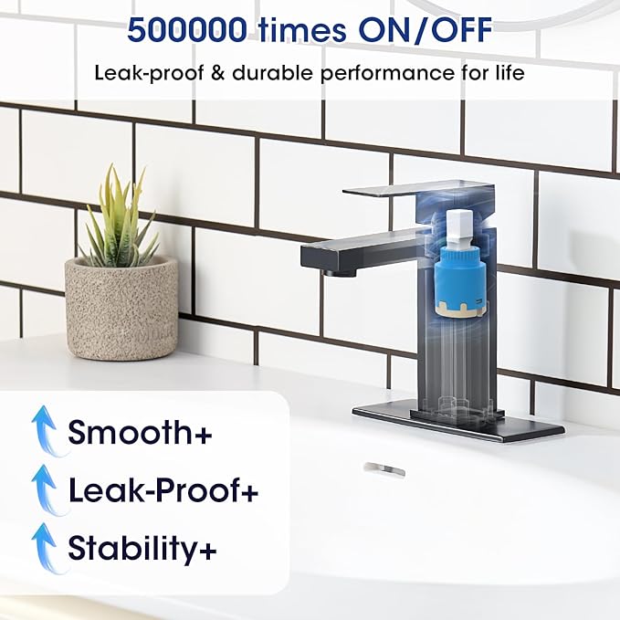 Black Bathroom Faucet, Stainless Steel Vanity Bathroom Sink Faucet with Pop Up Drain Stopper and Water Hoses, Easy to Install Bathroom Faucet 1 Hole for Bathroom Sink, Vanity, RV, Farmhouse