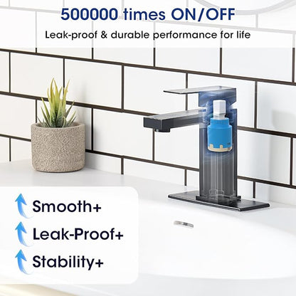 Black Bathroom Faucet, Stainless Steel Vanity Bathroom Sink Faucet with Pop Up Drain Stopper and Water Hoses, Easy to Install Bathroom Faucet 1 Hole for Bathroom Sink, Vanity, RV, Farmhouse