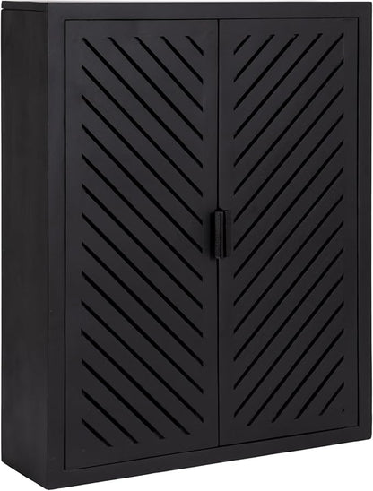 Kate and Laurel Mezzeta Decorative Modern Two-Door Floating Bathroom Cabinet; 22 x 7 x 28; Black; Decorative Over Toilet Storage Cabinet Made from Solid Mango Wood with Slatted Chevron Design