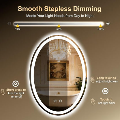 Oval LED Mirror for Bathroom,20x28 Lighted Vanity Mirror with Lights | Smart Anti-Fog, Dimmable 3 Color Modes, Backlit+Frontlit, Memory Function, HD Tempered Glass,Touch Sensor,Horizontal/Vertical