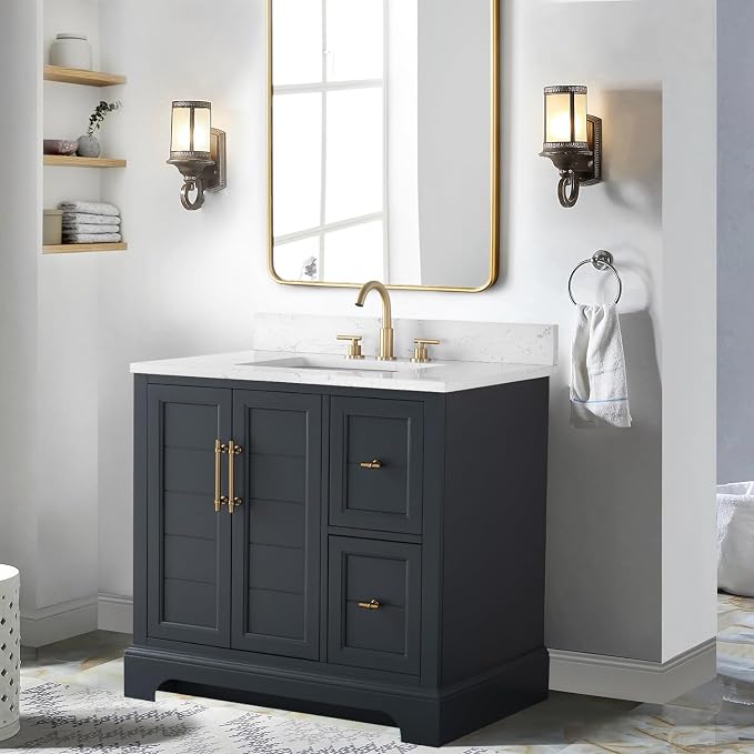 Vanity Art 36 Inch Bathroom Vanity with Single Sink, Vintage Spruce Blue | Solid Wood, Ceramic Sink, Marble Top, Waterproof Backsplash, Pre-assembled, Soft-close Doors, Ample Storage, Freestanding