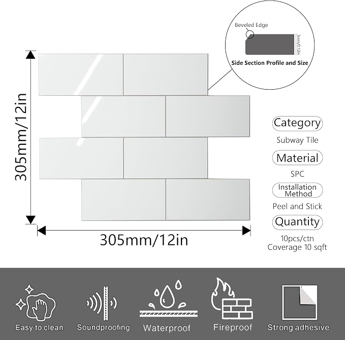 Luxury 10 Sheet Peel and Stick Backsplash,12”x12”Pure White Subway Tile for Kitchen Wall,Self Adhesive Glossy Faux Marble Tile,Stick on Accent Wall Backsplash Tile for Living Room, Bedroom,RV