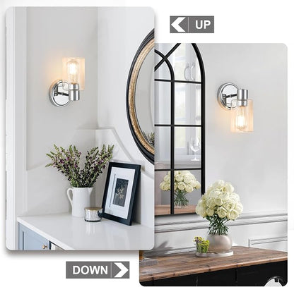 2 Light Bathroom Wall Sconce Light Fixtures with Clear Glass Bathroom Wall Lights Over Mirror Vanity Lights Chrome with E26 Base
