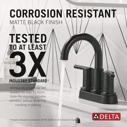 Delta Nicoli Centerset Matte Black Bathroom Faucet, 4 Inch 3 Hole Bathroom Sink Faucet for Vanity, Push-Pop Drain Assembly, Matte Black 25749LF-BL