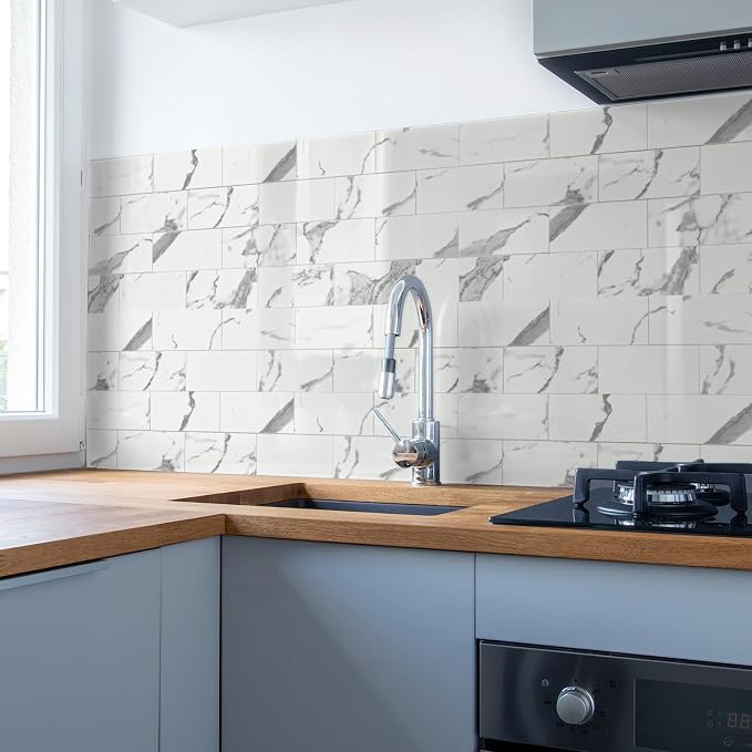 Art3d 102-Pack Peel and Stick Backsplash on Subway Tile, Gray Marble | 3 x 6 in, PVC, Self Adhesive, Waterproof, Traceless Peel, Modular Splicing, Ideal for Vanities, Bathrooms