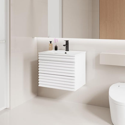LUCKWIND 24" Floating Bathroom Vanity with Sink, Mid-Century Wall Mounted Big Drawer Cabinet with Ceramic Sink, Water Saving Faucet and Wood Stripes Style, White