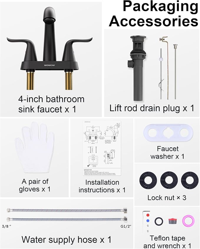 WOWOW Black Bathroom Faucet 2 Handle Bathroom Sink Faucet 4 inch Centerset Bathroom Faucets 3 Holes Lavatory Faucet with Lift Rod Drain Stopper Vanity Faucet Lead-Free Basin Mixer Tap Matte Black
