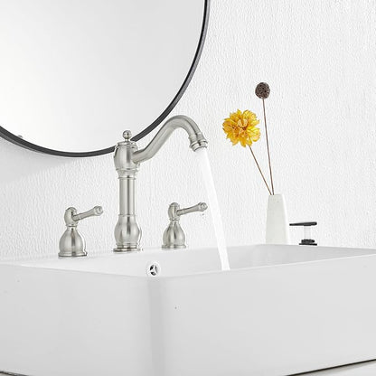 GGStudy 2 Handles 3 Holes Faucet Widespread Bathroom Sink Faucet Basin Tap Mixer Supply Hose Included Matching Pop Up Drain Brushed Nickel