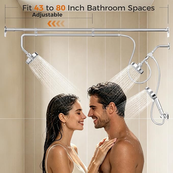 Dual Shower Head with Extra Handheld Sprayer for Couples & Families | 3 Shower Heads & 9 Spray Modes, High Pressure Tandem Shower, 180° Adjustable, Simultaneous Use, Easy Install