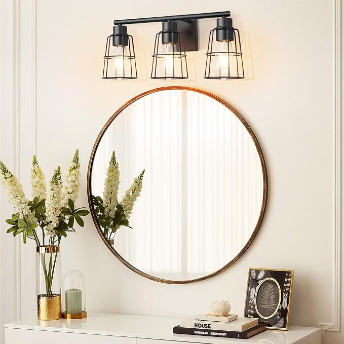 3-Light Black Bathroom Vanity Light Fixture Over Mirror, Industrial Caged | Farmhouse Rustic Wall Sconce Light Fixture with Metal Wire Lampshade for Bathroom, 17.9 Inch,E26(Bulbs not Included)