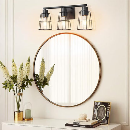 3-Light Black Bathroom Vanity Light Fixture Over Mirror, Industrial Caged | Farmhouse Rustic Wall Sconce Light Fixture with Metal Wire Lampshade for Bathroom, 17.9 Inch,E26(Bulbs not Included)
