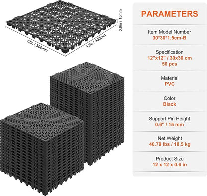 Happybuy Interlocking Tiles 50 PCS Black, Drainage Tile 12x12x0.5 Inches, Outdoor Deck Interlocking Floor Tiles for Pool Shower Bathroom Deck Patio Garage