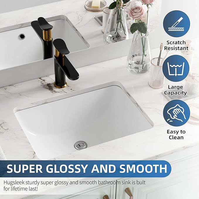 Undermount Bathroom Sink Rectangle, Hugsleek Interior Bowl Size 16 x 11 inch White Porcelain Ceramic Vessel Sink Under Counter Exterior Size 18x13in Rectangular Bath Sink Basin Lavatory Fireclay