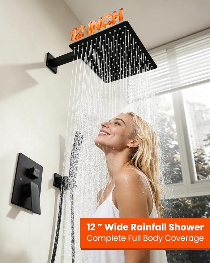 gotonovo Tub Shower Faucet Set with Valve 12'' Rain Head,Matte Black | Waterfall Tub Spout Shower System,Bathtub Faucet Set,SUS304 Rain Head with Handheld,Brass Valve Trim Kit,All Metal,Wall Mount