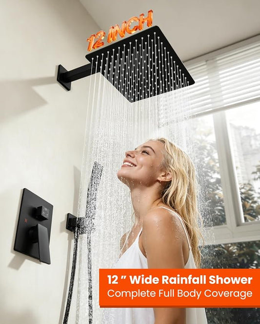 gotonovo Tub Shower Faucet Set with Valve 12'' Rain Head,Matte Black | Waterfall Tub Spout Shower System,Bathtub Faucet Set,SUS304 Rain Head with Handheld,Brass Valve Trim Kit,All Metal,Wall Mount