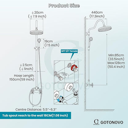 gotonovo Luxury Exposed Shower Faucet Set Bathroom Shower System 8 Inch Wall Mount Rainfall Shower Head with Handheld Spray Cross Double Handle Shower Fixture Adjustable Arc Rod Matte Black