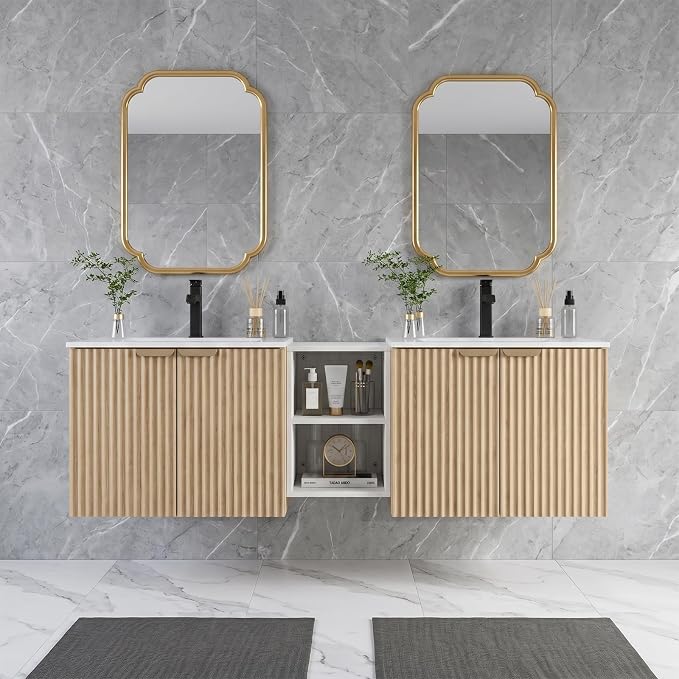 60 Inch Floating Bathroom Vanity with Double Sink, Bathroom Double Sink Cabinet with Soft Close Door Waterproof Storage, Wood Color(wt)
