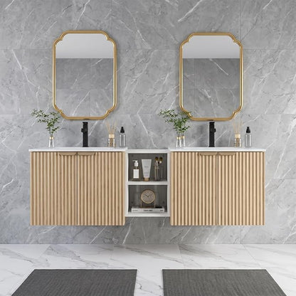60 Inch Floating Bathroom Vanity with Double Sink, Bathroom Double Sink Cabinet with Soft Close Door Waterproof Storage, Wood Color(wt)