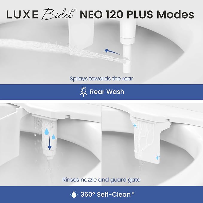 LUXE Bidet NEO 120 PLUS - Patented Non-Electric Bidet Attachment, Chrome | Non-Electric, Single Nozzle, Slide-In Install, 360° Self-Clean, EZ-Lift to Clean, Rear Wash